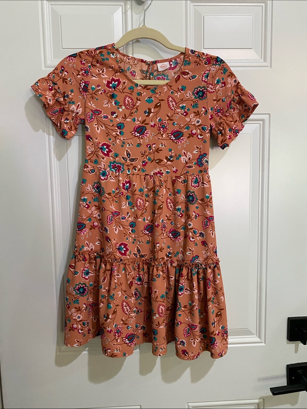 wonder nation Peach Floral Tiered Dress with Teal & Navy Accents